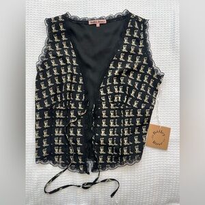 Bailey Rose Western Boot Print Tie Front Lace Trim Vest Top S